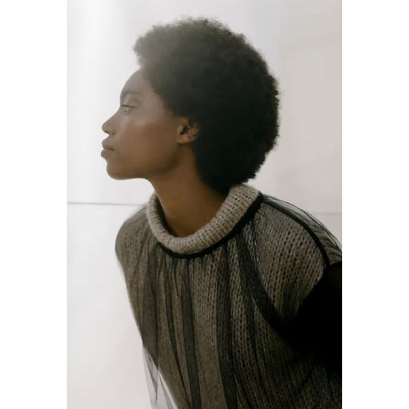 Perfect Number Fall 2020 RARE Sheer Overlay Chunky Knit Cropped Sweater S - Picture 2 of 12